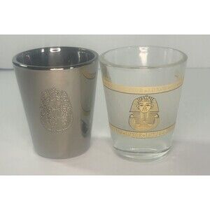 2 LUXOR Las Vegas, King Tut Etched Chrome + Gold banded , Souvenir Shot Glasses